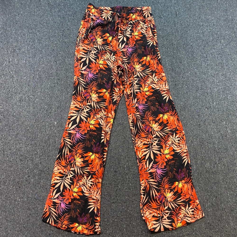89th Madison Wide Leg Pants Sz S Womens Orange Tropical Boho Drawstring Rayon